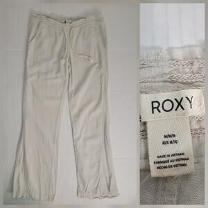 Roxy Linen Blend Pants Womens Sz M Low Rise Straight Drawstring Pockets Relaxed